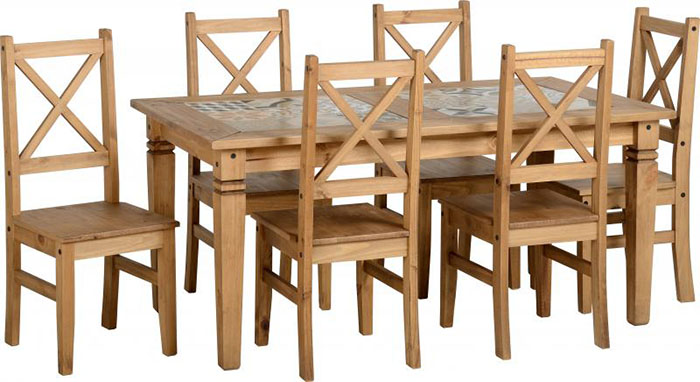 Salvador Tile Top Dining Set in Distressed Waxed Pine (6 Chairs)
